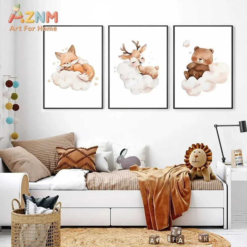 Baby Nursery Frames - AZNM 水彩画風の森の動物たちのキャンバスプリント、フレームなし、キツネ、シカ、クマ、雲の壁掛けアートポスター、ベビーベッドルームや子供部屋に最適。