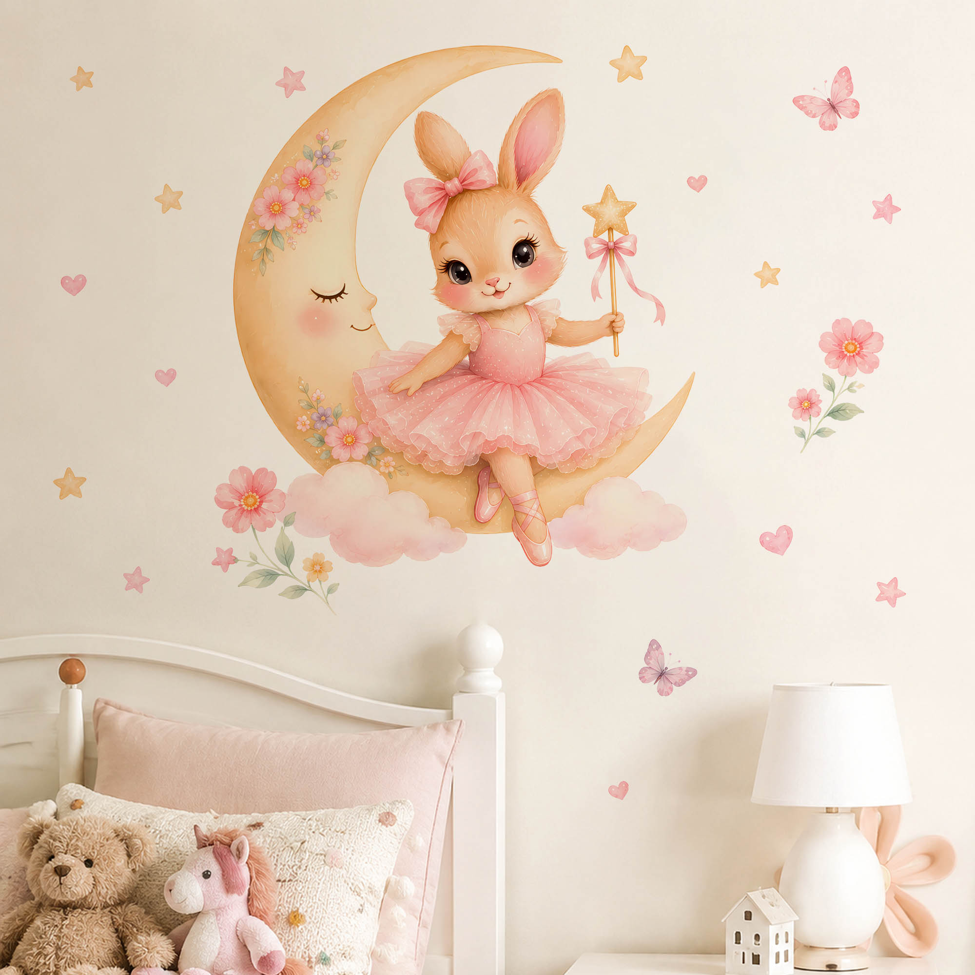Baby Girl Nursery Quotes - 水彩画のバレリーナバニームーンウォールステッカー、ピンクのチュチュ、ウサギ、星、魔法の杖のウォールデカール、子供、女の子の部屋、寝室、家の装飾に