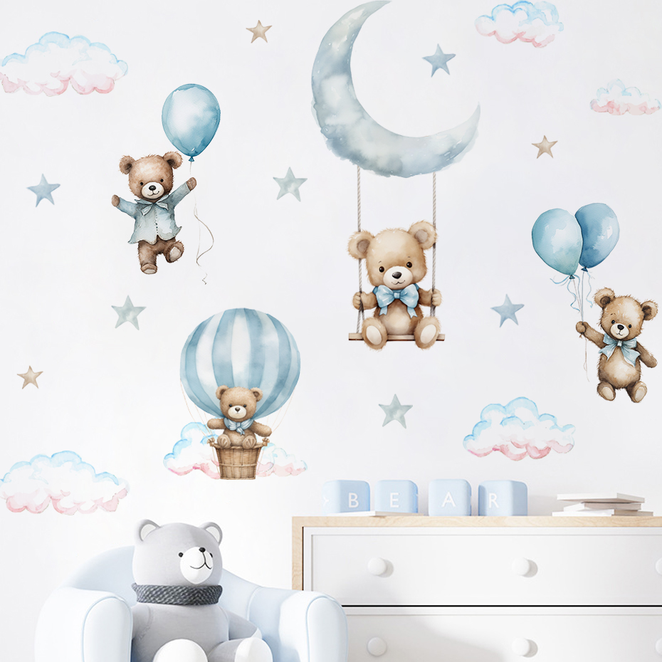 Baby Nursery Boy - 水彩クマ熱気球雲ウォールステッカーブルーカラーキッズルームベビー保育園ルームウォールステッカー男の子ルームステッカー