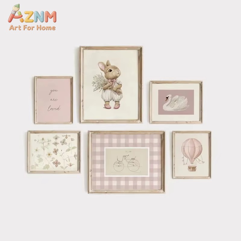 うさぎ柄のキャンバスアート、ヴィンテージ風のピンクの花柄、白 - Baby Nursery Frames のレビューと価格