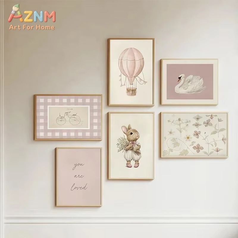 うさぎ柄のキャンバスアート、ヴィンテージ風のピンクの花柄、白 - Baby Nursery Frames のレビューと価格