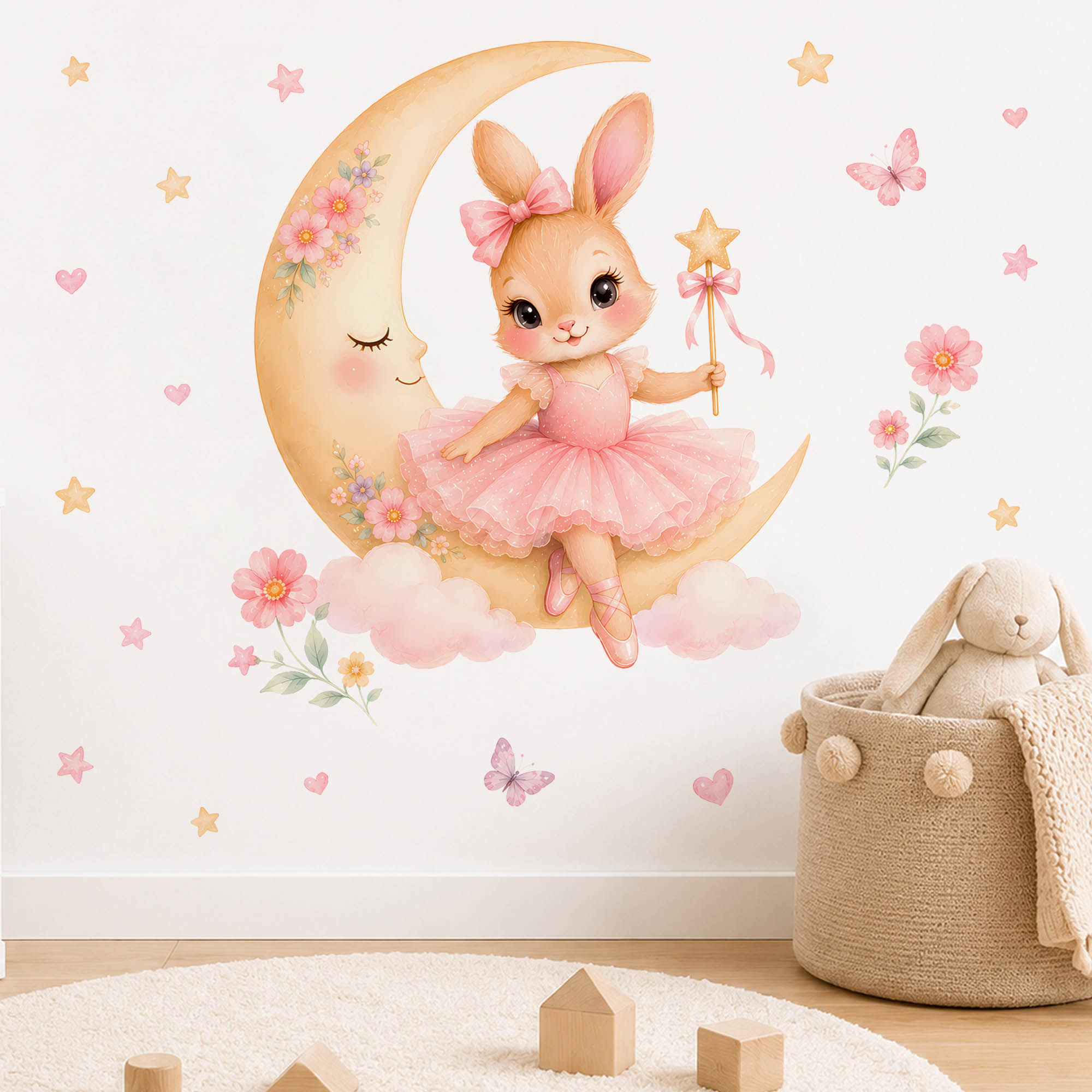 水彩画のバレリーナバニームーンウォールステッカー、ピンクのチ - Baby Girl Nursery Quotes のレビューと価格