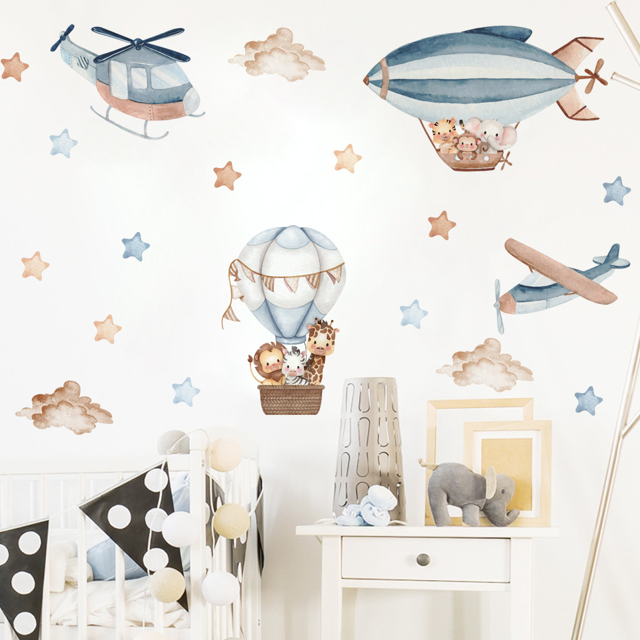 水彩動物熱気球雲ウォールステッカーキッズルームベビー保育園ル - Baby Nursery Boy のレビューと価格