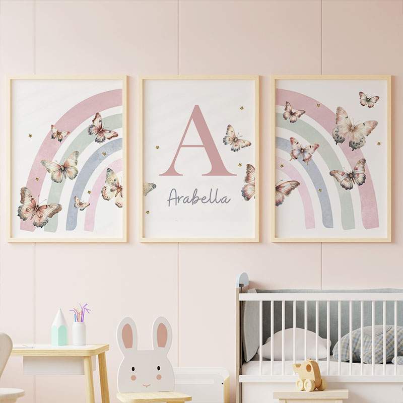 ピンク虹蝶カスタム赤ちゃんの名前壁アート保育園キャンバスプリ - Baby Nursery Decor Girl のレビューと価格